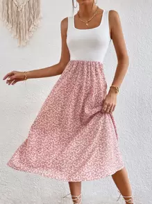 SHEIN VCAY Ditsy Floral Print A-line Dress - Baby Pink - View 1