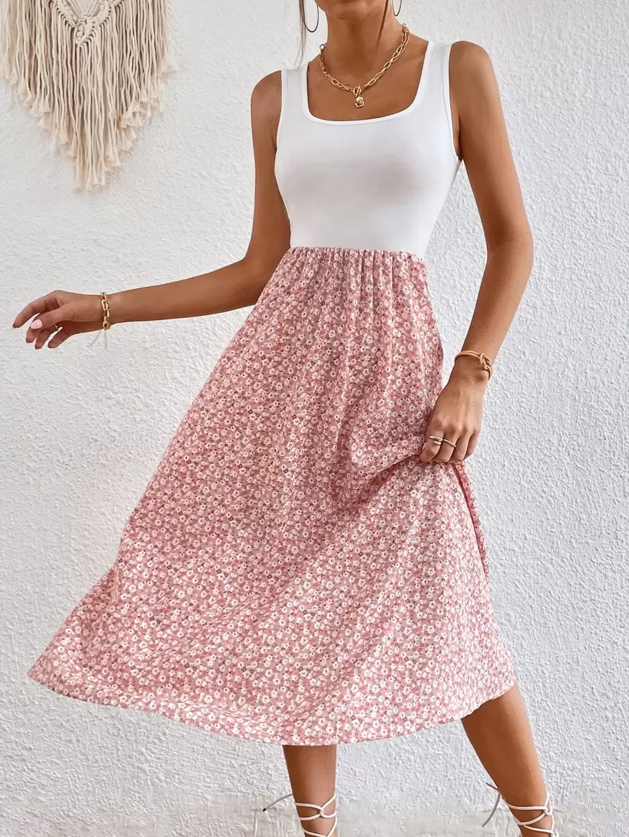 SHEIN VCAY Ditsy Floral Print A-line Dress - Baby Pink - View 1