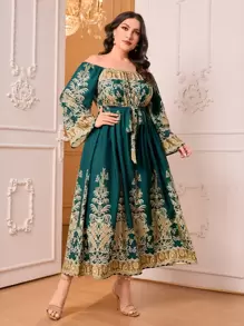 Modelyn Plus Off Shoulder Bell Sleeve Floral Print Dress - Dark Green - View 4