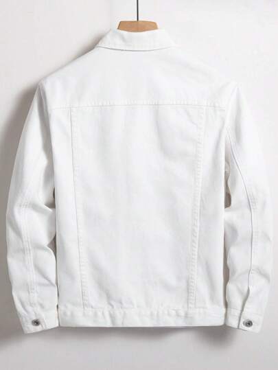 Manfinity Homme Men Long Sleeve Cotton Plain All White Flap Pocket Denim Jacket Without Tee, For Going Out With Friends Office Commute College Urban