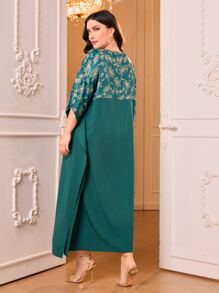 Al Najma 大碼花卉印花流蘇飾邊蝙蝠翼袖阿拉伯裝 - 墨綠色 - 查看 2