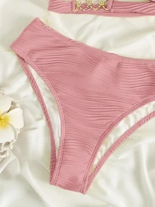 純色一字肩夏日沙灘比基尼套裝 - 粉色 - 查看 4