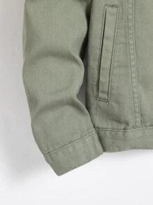 Manfinity Homme 男士长袖纯绿色休闲棉质翻盖口袋牛仔夹克（不含T恤），适合与朋友外出、都市办公、度假、国家公园游览、工作等场合，秋季穿着。 - 軍綠色 - 查看 3