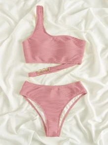 純色一字肩夏日沙灘比基尼套裝 - 粉色 - 查看 5