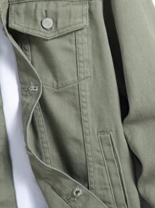 Manfinity Homme 男士长袖纯绿色休闲棉质翻盖口袋牛仔夹克（不含T恤），适合与朋友外出、都市办公、度假、国家公园游览、工作等场合，秋季穿着。 - 軍綠色 - 查看 4