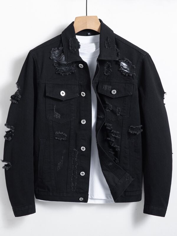 Manfinity Roghcode Men Cotton Ripped Frayed Flap Pocket Fashion Plain Dark Denim Jacket Without Tee, For Vacation , Fall