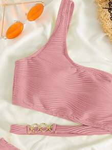 純色一字肩夏日沙灘比基尼套裝 - 粉色 - 查看 6