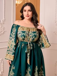 Modelyn Plus Off Shoulder Bell Sleeve Floral Print Dress - Dark Green - View 5