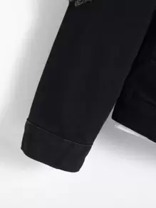 Manfinity LEGND 男士长袖棉质破洞毛边翻盖口袋时尚纯色牛仔夹克（不含T恤），适合度假和秋季穿着 - 黑色 - 查看 4