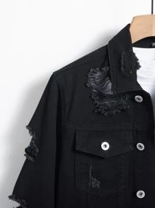 Manfinity LEGND 男士长袖棉质破洞毛边翻盖口袋时尚纯色牛仔夹克（不含T恤），适合度假和秋季穿着 - 黑色 - 查看 5