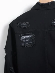 Manfinity LEGND 男士长袖棉质破洞毛边翻盖口袋时尚纯色牛仔夹克（不含T恤），适合度假和秋季穿着 - 黑色 - 查看 8