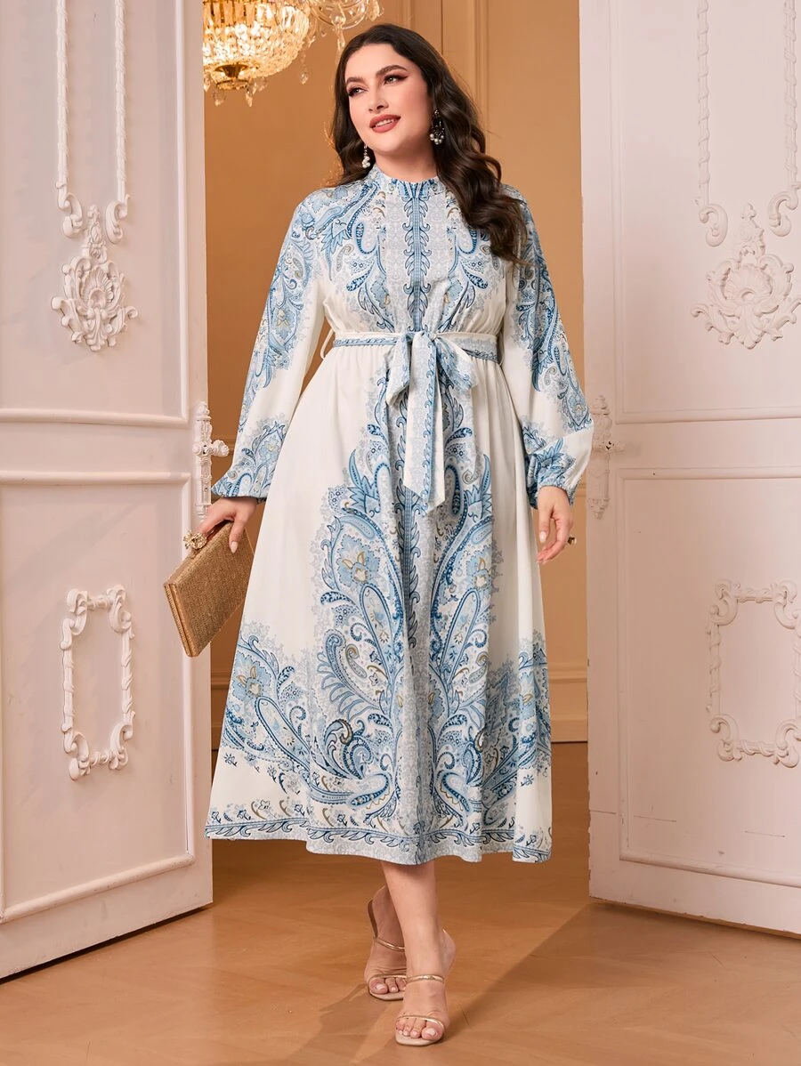 Modelyn Plus Paisley Print Belted Dress - Blue and White - View 1