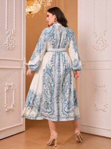 Modelyn Plus Paisley Print Belted Dress - Blue and White - View 2