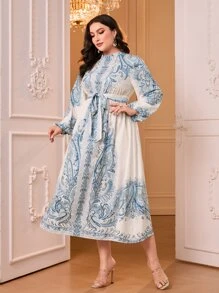 Modelyn Plus Paisley Print Belted Dress - Blue and White - View 3
