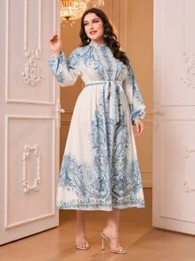 Modelyn Plus Paisley Print Belted Dress - Blue and White - View 4