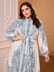 Modelyn Plus Paisley Print Belted Dress - Blue and White - View 5