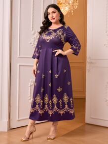 Modelyn Plus Baroque Print A-line Dress - Violet Purple - View 1