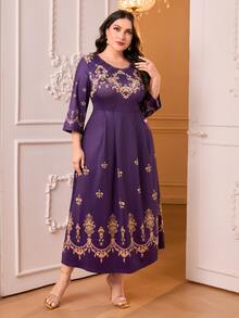 Modelyn Plus Baroque Print A-line Dress - Violet Purple - View 3