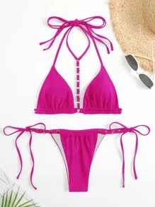 鏈條鏈接掛脖三角杯比基尼泳裝 - 玫紅色 - 查看 5