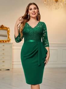 MIUSOL Plus Lace Bodice Ruffle Trim Draped Side Dress Elegant Cocktail Semi Formal Prom Wedding Guest Dress, For Birthday, Graduation, Dinner, Homecoming - Dark Green - View 1