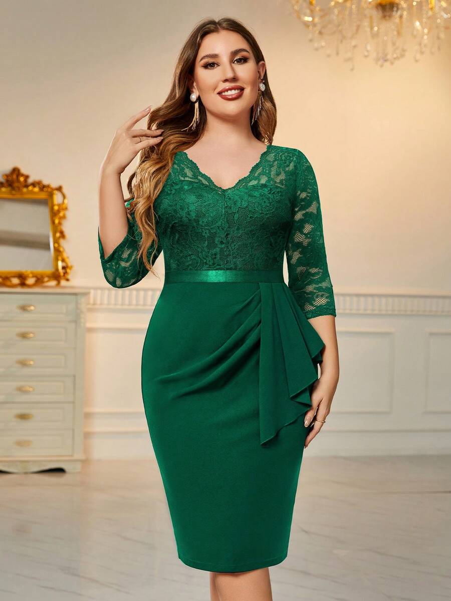 MIUSOL Plus Lace Bodice Ruffle Trim Draped Side Dress Elegant Cocktail Semi Formal Prom Wedding Guest Dress, For Birthday, Graduation, Dinner, Homecoming - Dark Green - View 1