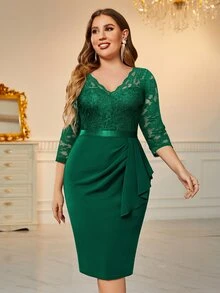 MIUSOL Plus Lace Bodice Ruffle Trim Draped Side Dress Elegant Cocktail Semi Formal Prom Wedding Guest Dress, For Birthday, Graduation, Dinner, Homecoming - Dark Green - View 5