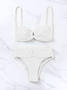 Plain High Waisted Summer Beach Bikini Set - White - View 5