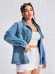 SHEIN EZwear 大碼翻蓋口袋前排扣牛仔夾克 - 淺色水洗藍 - 查看 4