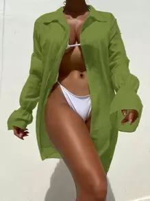 SHEIN Solid Open Front Flounce Sleeve Kimono - Olive Green - View 1