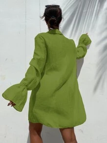 SHEIN Solid Open Front Flounce Sleeve Kimono - Olive Green - View 2