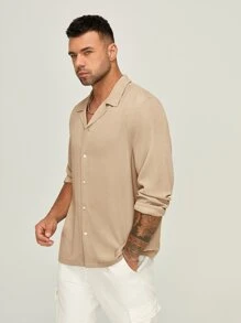EASEVO Men Plus Solid Button Front Shirt - Camel - View 3