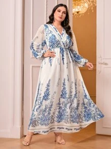 Modelyn 大碼植物圖案燈籠袖洋裝 - 藍白色 - 查看 1