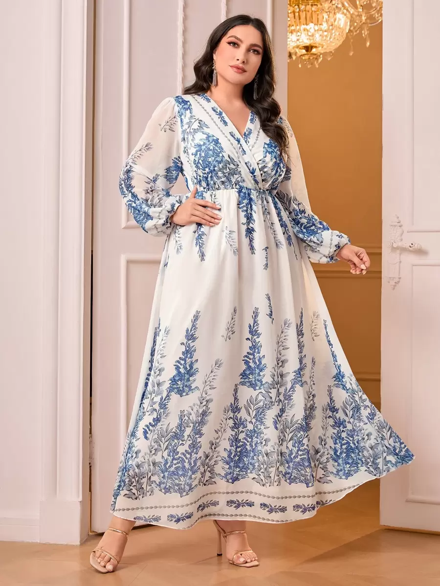 Modelyn 大碼植物圖案燈籠袖洋裝 - 藍白色 - 查看 1