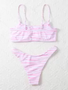 Swim Mod Summer Beach Zebra Stripe Bikini Set Wireless Bra Top & High Cut Bikini Bottom 2 Pieces Bikini - Baby Pink - View 2