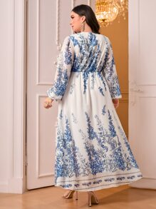 Modelyn 大碼植物圖案燈籠袖洋裝 - 藍白色 - 查看 2