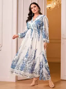 Modelyn 大碼植物圖案燈籠袖洋裝 - 藍白色 - 查看 3