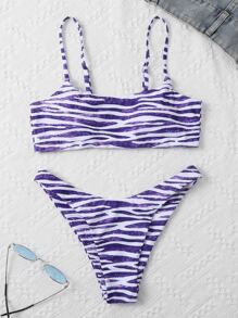 Zebra Stripe Bikini Set For Summer Beach - Blue and White - View 5