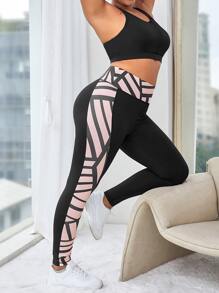 Plus Striped Print Wide Waistband Sports Set - Black - View 1