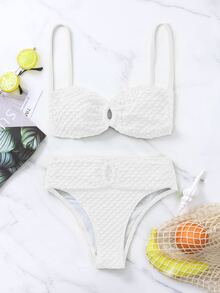 Plain High Waisted Summer Beach Bikini Set - White - View 7