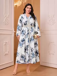 Al Najma con estampado floral ribete en contraste Abaya & Conjunto de vestido - Blanco - Ver 1