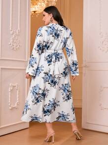 Al Najma con estampado floral ribete en contraste Abaya & Conjunto de vestido - Blanco - Ver 2