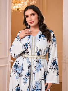 Al Najma con estampado floral ribete en contraste Abaya & Conjunto de vestido - Blanco - Ver 5