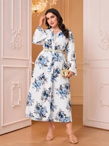 Al Najma con estampado floral ribete en contraste Abaya & Conjunto de vestido - Blanco - Ver 6