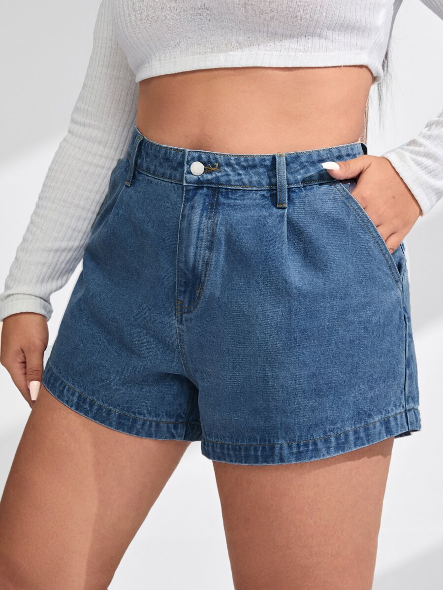 SHEIN Essnce 大碼拉鏈門襟斜口袋牛仔短褲 - 中等水洗藍 - 查看 1