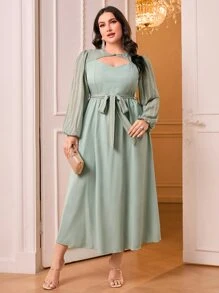 Modelyn Plus Cut Out Front Belted Dress - Green - View 1