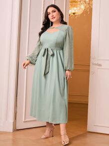 Modelyn Plus Cut Out Front Belted Dress - Green - View 3