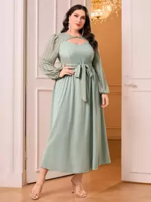 Modelyn Plus Cut Out Front Belted Dress - Green - View 4