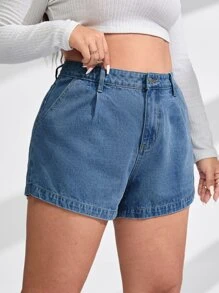 SHEIN Essnce 大碼拉鏈門襟斜口袋牛仔短褲 - 中等水洗藍 - 查看 3