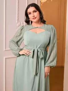 Modelyn Plus Cut Out Front Belted Dress - Green - View 5