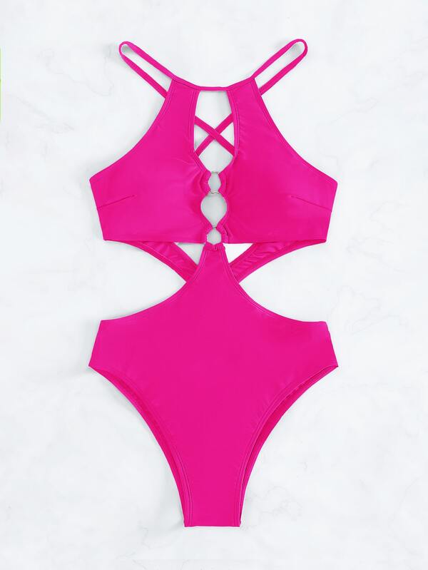 Ring Linked Cut Out Crisscross Backless Halter One Piece Swimsuit